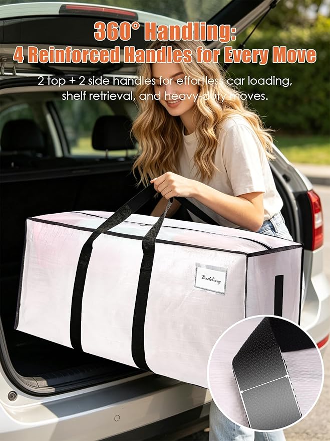 SWEET DOLPHIN 12 Pack 200LB Heavy-Duty Moving Bags with Wrap-Around Handles, Extra Large Storage Totes for Space Saving, Clothes Storage Bags, College Dorm Essentials, Semi-Transparent, 24 Gal