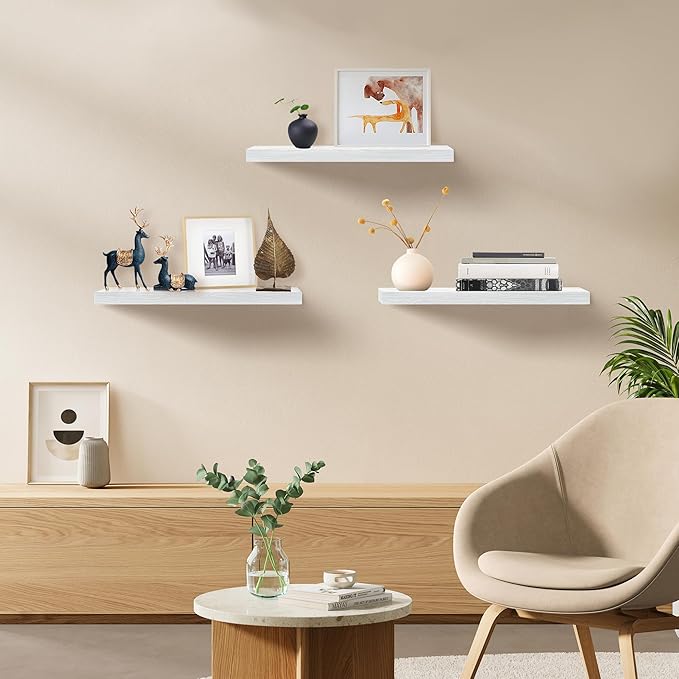 Upassion Floating Shelves for Wall Set of 3, 24" White Wall Shelves for Home Decor, Frame Display White Floating Shelf for Living Room, Bedroom, Bathroom, Kitchen