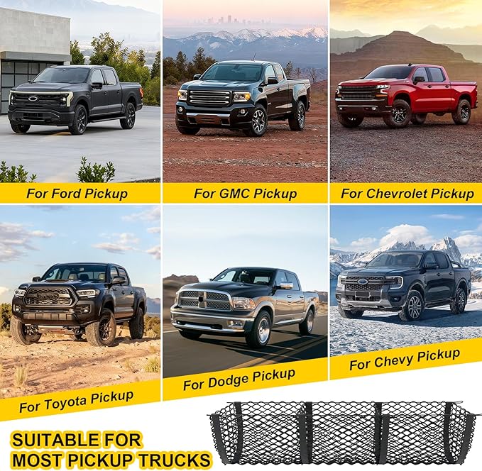 Upgraded 3 Pocket Truck Bed Cargo Net for Toyota Ford Dodge GMC Chevy Silverado, Universal Pickup Mesh Storage Net 47.2" x 11.8" Stretchable Elastic Truck Bed Grocery Holder Net with 4 Ball Bungees