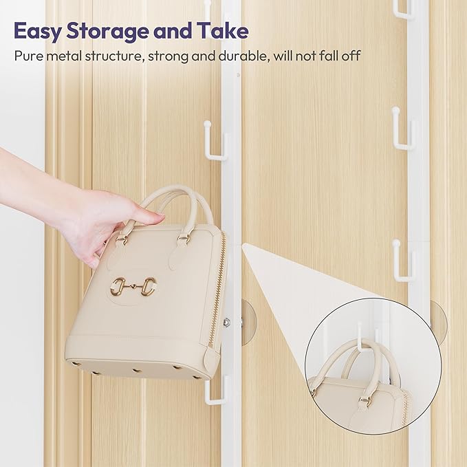 SWTYMIKI Over the Door Purse Organizer - 2 Packs Wall Mounted Purse Rack with 8 Hooks Design, Hanging Handbag Organizer Storage Holds up to 16 Bags, Bag Rack for Closet, Door (White)