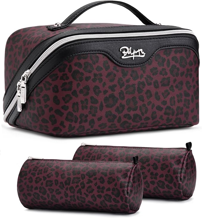 Travel Makeup Bags Organizer for Women: 3 Pcs Set Cosmetic Bag - Large Make up Bag with Compartments - Flat Open Waterproof Leather Toiletry Bags for Skincare, Brushes & Travel Essentials - Red