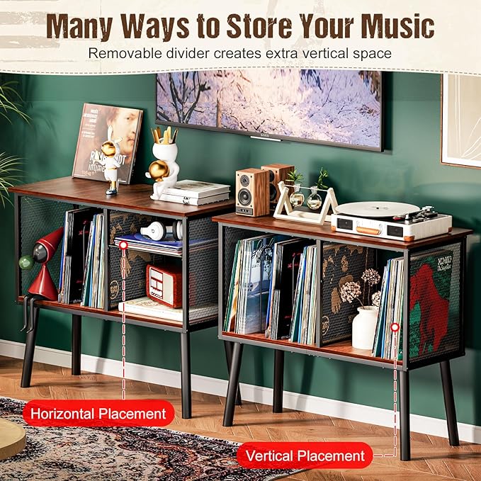 Record Player Stand with Adjustable Divider Vinyl Storage Holder Up to 200 Albums Mid-Century Large Record Player Table Vinyl Holder Turntable Stand End Table for Bedroom & Living Room, Patent Pending