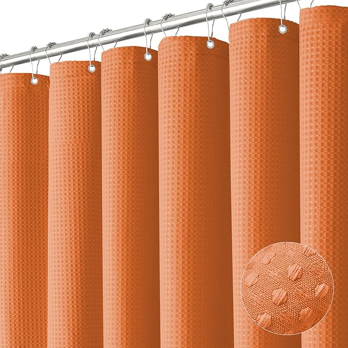 Dynamene Extra Wide Shower Curtain - 108 Inch Wide Waffle Weave Weighted Thick Cloth Bathroom Shower Curtain, Neutral Heavy Duty Hotel Bath Curtain Set with 18 Plastic Hooks, 108x72, Burnt Orange
