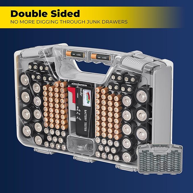 Battery Daddy Storage & Organizer Case w/Tester, Stores & Protects Up to 180 Batteries, Double-Sided, Clear Locking Lid, Secure Latches & Portable Carrying Handle- Warm Grey (Batteries Not Included)