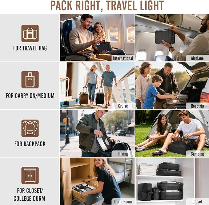 Veken 10 Set/8 Set Packing Cubes for Travel Essentials, Suitcase Organizer Bags in 4 Sizes, Carry-On Luggage Accessories with Laundry Bag & Passport Holder, Airplane Must Have, Camp Gifts for Men
