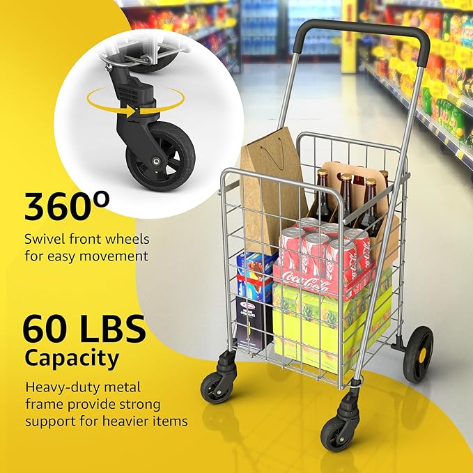 Our Modern Space Shopping Cart & 360° Swivel Wheels | Foldable Collapsible & Lightweight | Perfect for Groceries Laundry Utility Cart - Silver