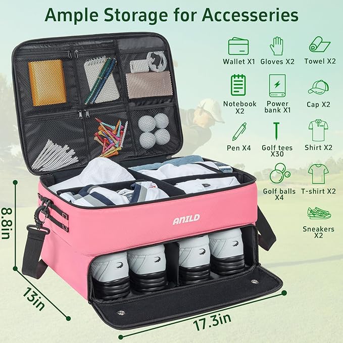 ANILD Golf Trunk Organizer, 2 Layer Golf Storage Case with Separate Ventilated Compartment for 2 Pair Shoes, for Balls, Tees, Clothes, Gloves, Accessories, Golfer Gifts