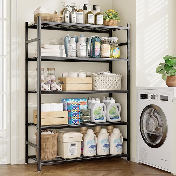 Wide Storage Shelves, 5-Tier Metal Shelving Unit with Adjustable Feet, Compact Shelf Organizer for Garage, Kitchen, Pantry and Closet Organization, 36.4" x 11.8" x 68.3", Black