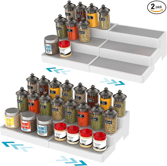 YAN & HIN Pack of 2, 3-Tier Spice Rack, Expandable and Non-Skid tiered Shelf, Medicine Cabinet Organizers, pantry organizers, and Seasoning Organizer, Canned Food Organizer