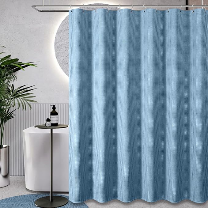 Dynamene Extra Wide Shower Curtain-108 Inch Wide Waffle Weave Weighted Thick Cloth Bathroom Shower Curtain, Neutral Heavy Duty Hotel Bath Curtain Set with 18 Plastic Hooks,108x72, Moonlight Blue