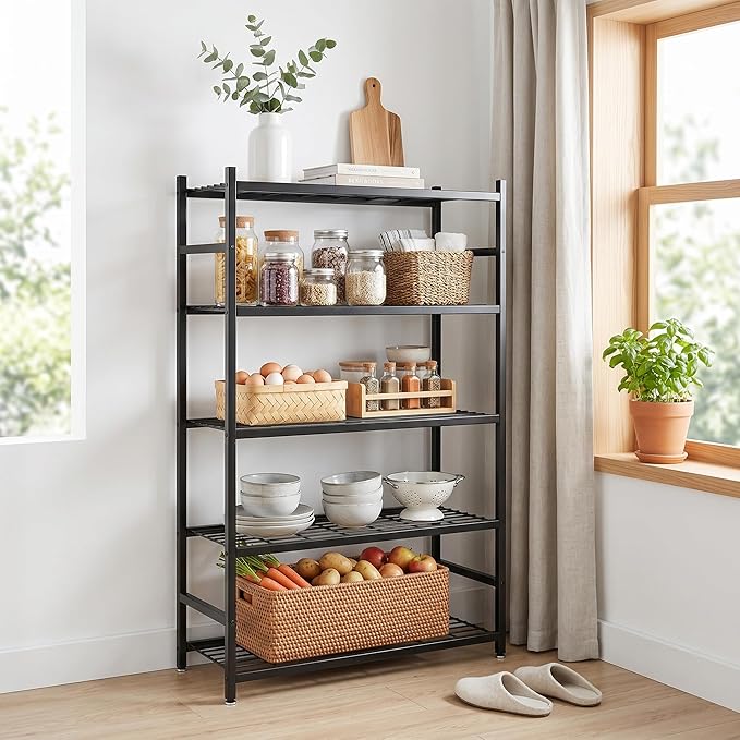 Wide Storage Shelves, 5-Tier Metal Shelving Unit with Adjustable Feet, Compact Shelf Organizer for Garage, Kitchen, Pantry and Closet Organization, 36.4" x 11.8" x 68.3", Black