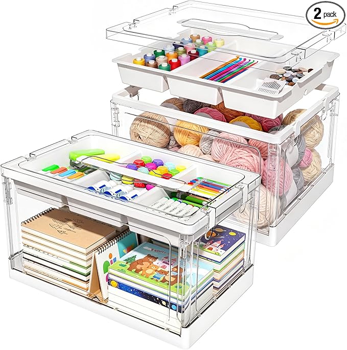 24QT 2Packs Clear Craft Organizers and Storage with Trays, Art Supply Organizer and Storage, Craft Storage Box with Lid for Beads, Markers, Coloring Books, Sewing, Playdoh and Tools