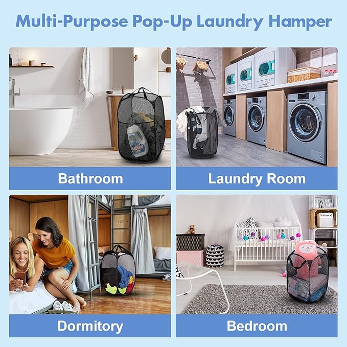 DUCOO Pop Up Laundry Hamper, 70L Collapsible Mesh Laundry Basket with Side Pocket, Foldable Dirty Clothes Hamper with Sturdy Reinforced Handles for Home Dorm Bedroom Travel Storage, Black, 2Pack