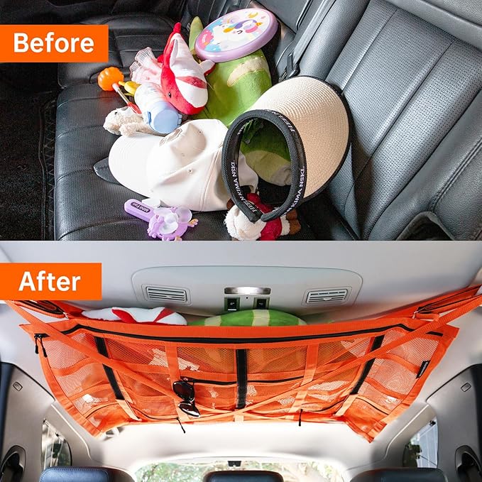 SUV Car Ceiling Cargo Net with Adhesive Straps,Double-Layer Mesh Car Roof Net Storage for Truck, Van,Travel Long Road Trip Camping Interior Accessories 39.3 X 23.6 Inch,Orange