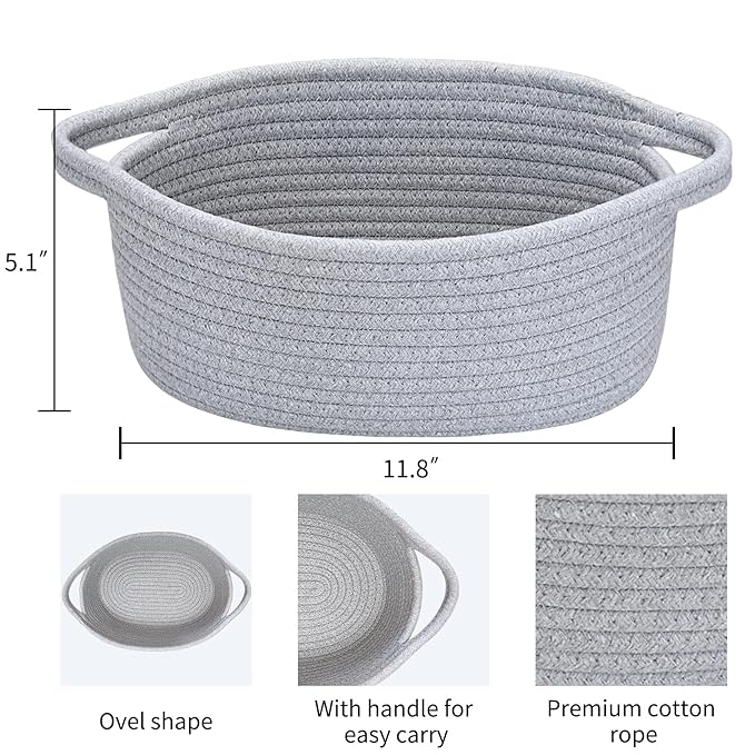 ABenkle Small Basket, 12"x 8" x 5" Cute Small Woven Basket, Rope Room Shelf Storage Basket, Cat Dog Toys Basket Chest Box, Decorative Empty Gift Basket with Handles - All Gray