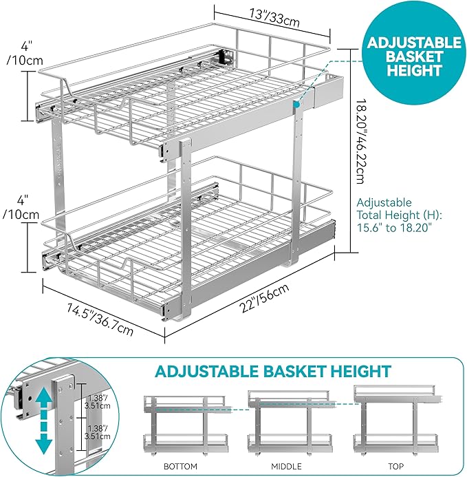 2 Tier Pull Out Cabinet Organizer 14" W X 22" D, Slide Out Drawers For Kitchen Cabinets, Pull Out Drawers For Cabinets Capacity Heavy Duty Caddy, Cabinet Pullout Shelves Chrome-Plated,Bathroom Pantry | Slide Out Drawers, For Kitchen Cabinets, Heavy Dut...