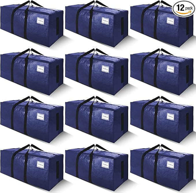 SWEET DOLPHIN 12 Pack 200LB Heavy-Duty Moving Bags with Wrap-Around Handles, Extra Large Storage Totes for Space Saving, Clothes Storage Bags, College Dorm Essentials, Blue, 24 Gal
