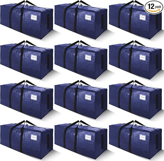 SWEET DOLPHIN 12 Pack 200LB Heavy-Duty Moving Bags with Wrap-Around Handles, Extra Large Storage Totes for Space Saving, Clothes Storage Bags, College Dorm Essentials, Blue, 24 Gal