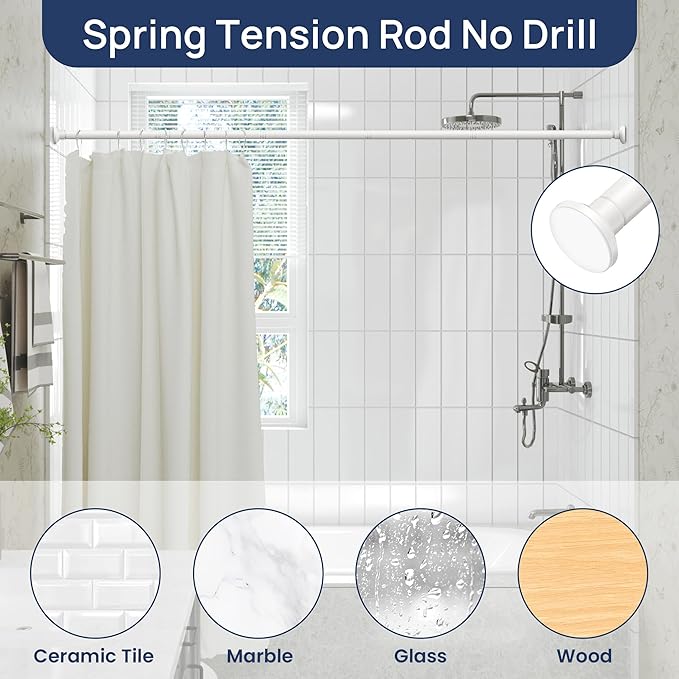 ENJOYBASICS Shower Curtain Rod 30 to 76 Inches, 1 Inch Stainless Steel Adjustable Spring Tension Rods No Drill for Bathroom, Closet, Window, Room Divider, Never Rust, Non Slip, White