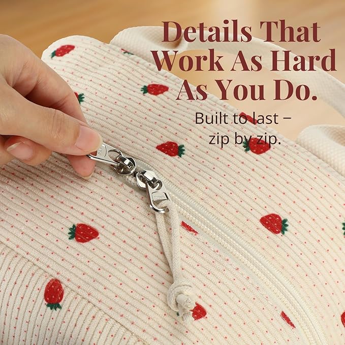 LOVELYWIND Insulated Strawberry Lunch Bag for Women, Stylish Corduroy Tote with Aluminum Lining, Large Capacity Reusable Cooler for Work, Travel, Beach or Picnic, Beige Cream Water-Resistant Lunch Box