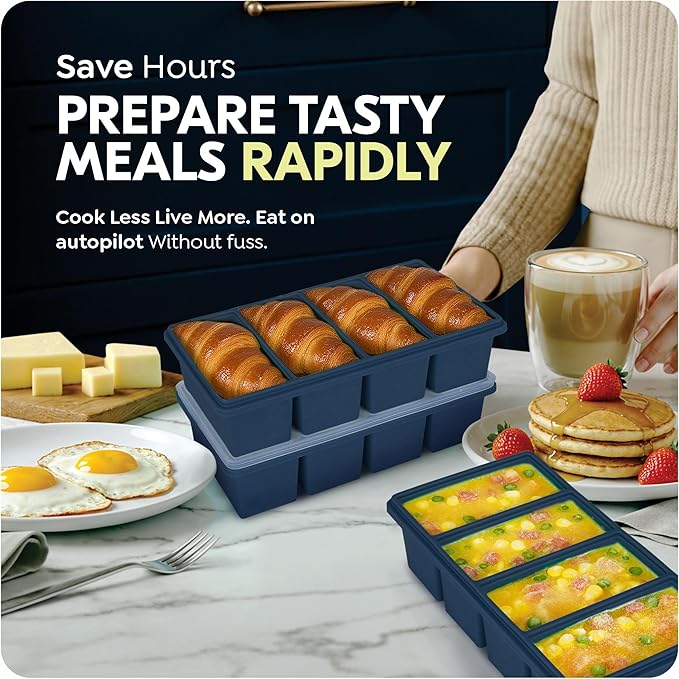 1 cup Silicone Freezer Trays with Lids, Soup Container Style Ice Cube Trays, Easily prepare portioned meals, Great for storing soups, leftovers, sauces and other dishes, Dishwasher, Oven Safe – 2 Pack