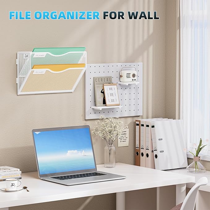 Marbrasse Wall File Holder 2-Tier Hanging Wall File Organizer, Mesh Mail Holder for Papers, Wall Mount File Clipboard & Magazine Organizer Great for Office Home - 2P(White)