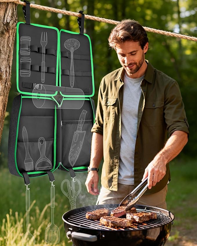 FANGSUN Camping Cooking Utensils, 16 PCS Portable Camping Kitchen Set with Grill Accessories, Camp Gifts for Men Dad, New Year‘s Presents for RV, Hiking, Picnic, Backpacking