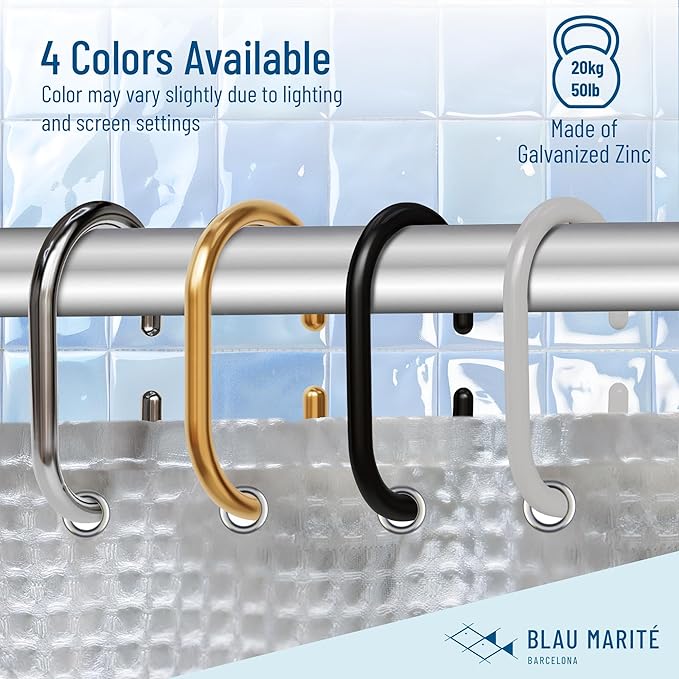 12 Metal Shower Curtain Hooks, Rust-Proof Decorative C-Shaped Curtain Hooks for Bathroom, Golden Shower Curtain Rings, Fits Rods Up to 1 Inch (C, Gold)