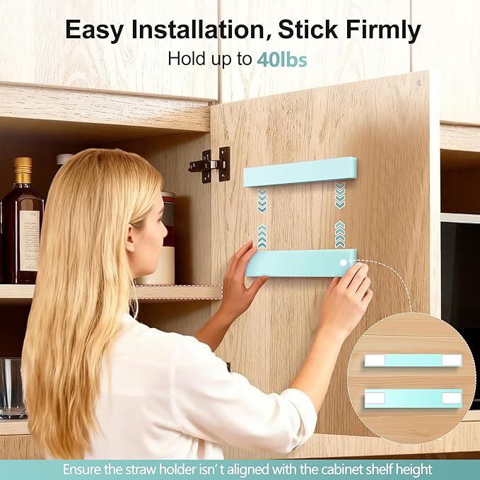 9.6” Large Acrylic Straw Holder for Cabinet Door, Reusable Adjustable Two-Part Straws Organizer with Ultra Sticky Adhesive Strips, 2026 Straw Storage for Kitchen Cupboard(Mint Blue)