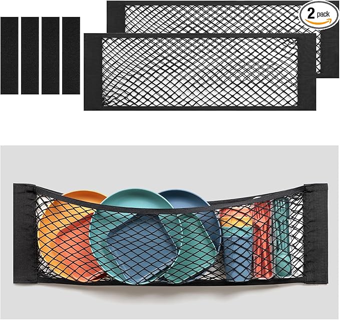 TOBWOLF 2PCS 25x80cm / 9.8x31.5in Mesh Storage Pocket Bag with Tape Sticker, Hook & Loop Elastic Cargo Net RV Netting Pocket, High Capacity Car Trunk Net Wall Sticker Pouch Bag For Car RV Home Storage