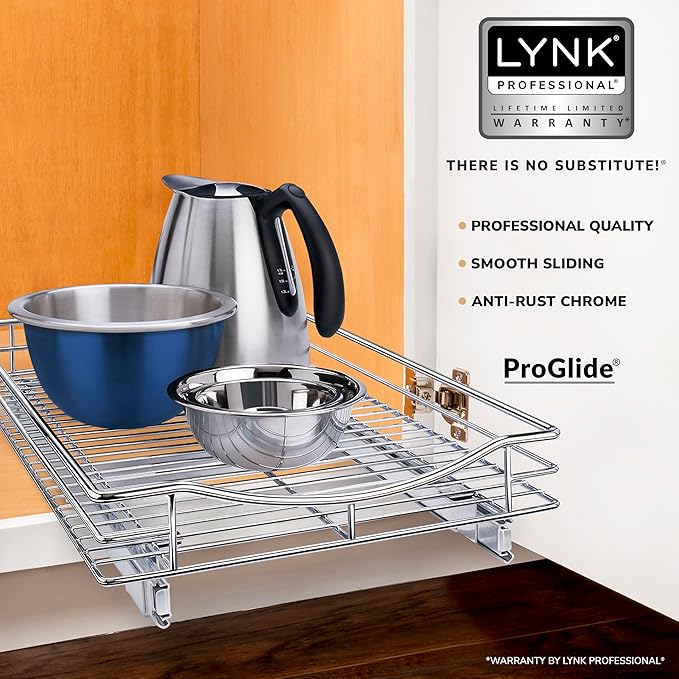 LYNK PROFESSIONAL® Pull Out Cabinet Organizer, 14" x 21" Slide Out Drawers for Kitchen Cabinets - Sliding Pull-Out Pantry Shelves – Home Shelf Organizers - Lifetime Ltd. Warranty, Chrome
