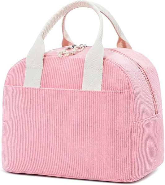 LOVELYWIND Insulated Sugar Pink Lunch Bag for Women, Stylish Corduroy Tote with Aluminum Lining, Large Capacity Reusable Cooler for Work, Travel, or Beach, Beige Cream Water-Resistant Lunch Box