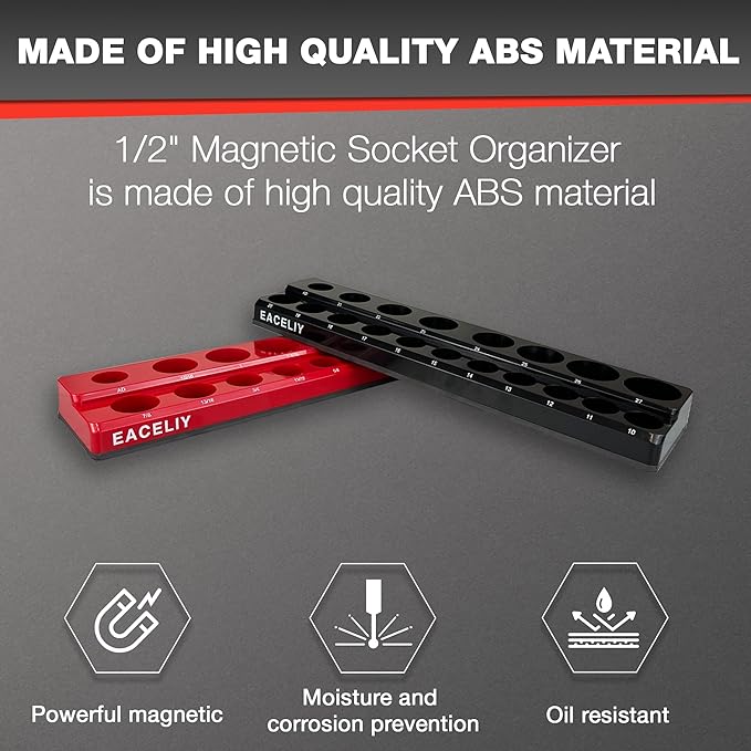 EACELIY 1/2" Magnetic Socket Organizer Set, 2-Piece SAE & Metric Socket Holder Kit,，Tools tray， holds 35 Deep and Shallow 1/2" Sockets, attaches to steel box/tool cart (sockets not included)