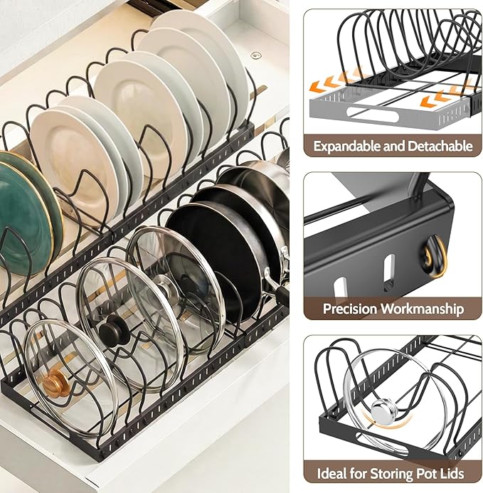 2PACK Expandable (12"-24") Pots and Pans Organizer Under Cabinet with 32 Adjustable Dividers for Kitchen, Pot Lid Organizers Inside Cabinet, Pan Lid Holder, Rust-Resistant Lid Storage, Easy to Clean