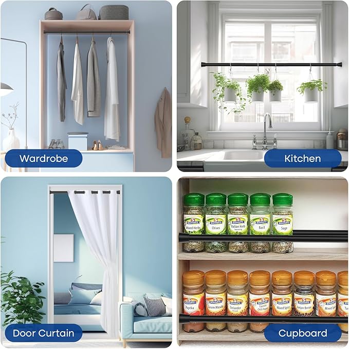 Black Tension Rods for Windows 28 to 48 Inch 2 Pack Spring Curtains Rod Tension Curtain Rod Expandable Pressure Curtain Rod Tension No Drill Adjustable Curtain Rods for Bathroom,Doorway,Door