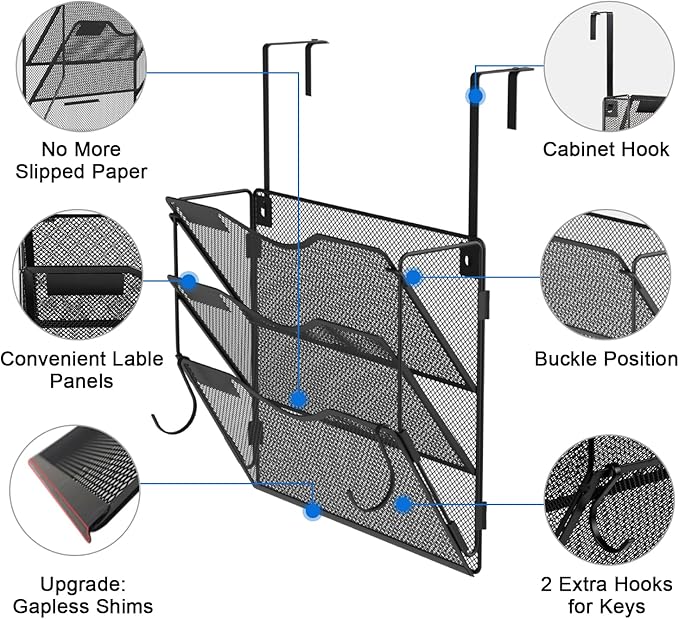 BOHDK Wall File Organizer 3 Pockets, Mail Organizer, Hanging Folder Holder, Foldable | Hanging or Wall Mounted | Label Panel | 2 Hooks | Office Home School Organizer, Black