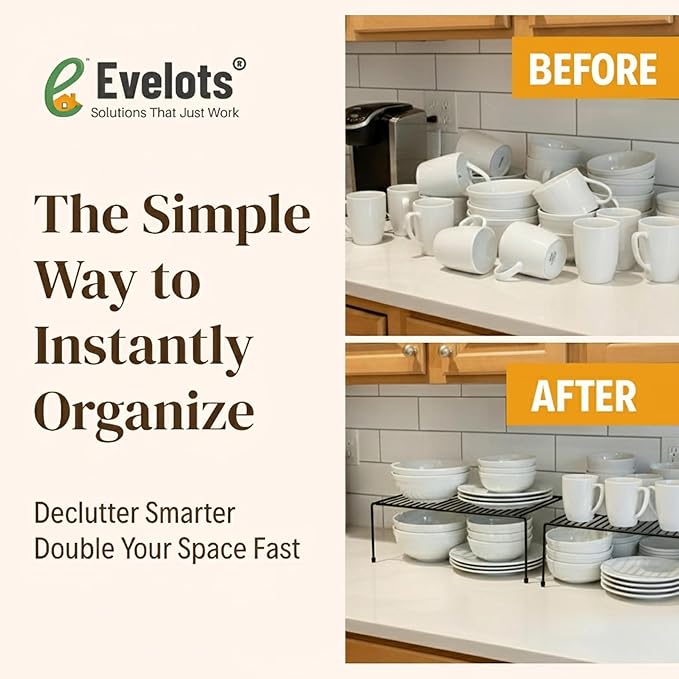 Evelots Kitchen Cabinet Wire Shelf Organizer/Rack - 4 Pack Sturdy Large Metal Shelf Risers - Double Your Counter Space - Great for Kitchen, Freezer, Pantry and Bathroom - Rustproof - Black