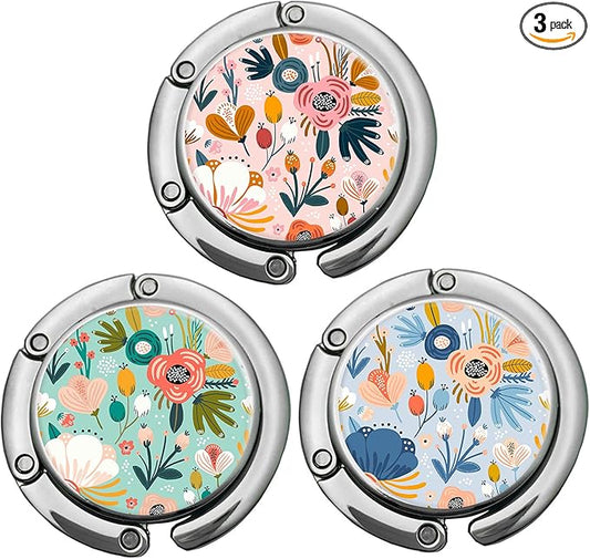 Bosketo Foldable Purse Hook Womens Bag Table Hanger Collection Desk Hooks for Purse (3pack Pretty Floral Hook)
