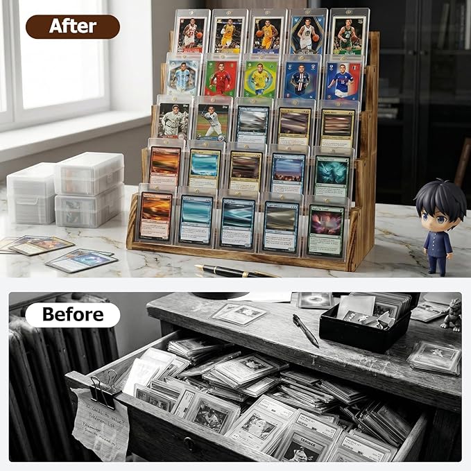 5 Tier Wooden Card Display Stand – Vertical Card Holder Display for Trading Cards, Game Cards, Sports Cards, Graded PSA/BGS/SGC, Baseball, Basketball&Football(Soccer) Card Stand, Desk & Shelf Organize,Charred Wood