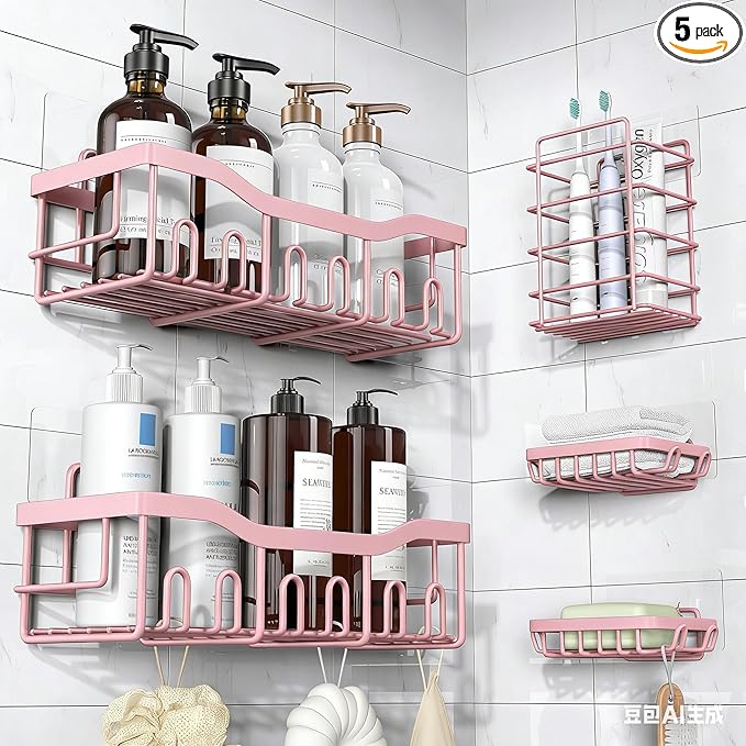 EUDELE 5-Pack Rustproof Stainless Steel Shower Caddy – No Drill Adhesive Bathroom Organizer with Large Capacity, Spacious Shower Shelves for Inside Shower, Kitchen & Home Decor Storage-XL Size