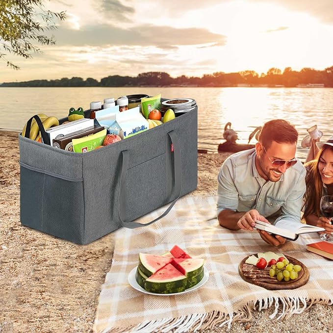 LHZK 2 Pack Extra Large Utility Tote Bag with Metal Wire Frame and the Sides Rinforced, Extra Large Tote Bag with Handle, Reusable Grocery Bags Foldable, Beach Bag, Car Tote (Gray, 26''x15''x13'')