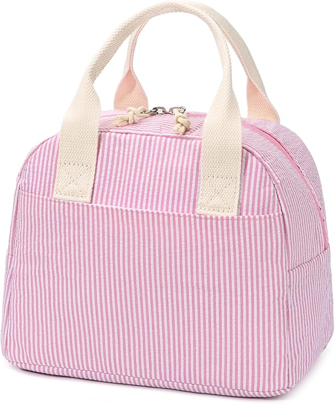LOVELYWIND Insulated Lunch Bag for Women, Reusable Pink Striped Lunch Box Cooler Bag with Large Capacity, Durable Lunch Tote for Work
