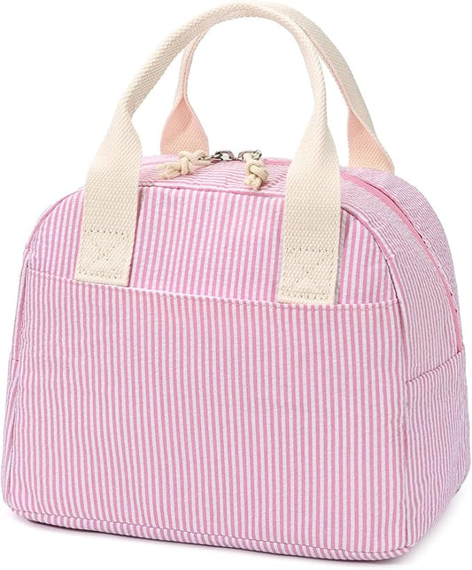 LOVELYWIND Insulated Lunch Bag for Women, Reusable Pink Striped Lunch Box Cooler Bag with Large Capacity, Durable Lunch Tote for Work