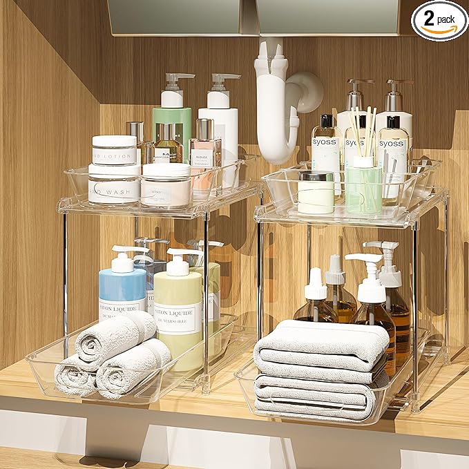 2 Pack Bathroom Cabinet Organizer, 2 Tier Clear Under Sink Organizers and Storage Medicine Cabinet Organizer with Dividers, Pull Out Kitchen Pantry Shelf Cupboard Closet Vanity Organization Bins