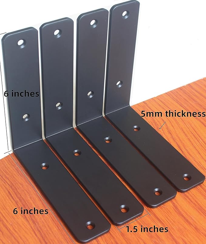 4 Pack - L 6" x H 6" x W1.5, 5mm Thick Black L Shelf Bracket, Iron Shelf Brackets, Metal Shelf Brackets, Floating Shelf, Shelf Supports with Screws
