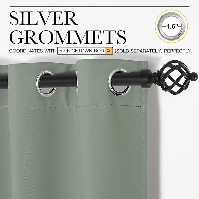 NICETOWN Blackout Curtain Blind for Bedroom, Single Panel, W34 x L72 inches, Greyish Green, Thermal Insulated Grommet Blackout Room Darkening Drape/Drapery