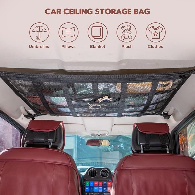 SUV Car Ceiling Cargo Net Pocket,35.4"x23.6" Double-Layer Mesh Car Roof Storage Organizer for Ford,F150,Jeep,Honda CRV,RAV4,Van Organizers and Storage,Camping Accessories