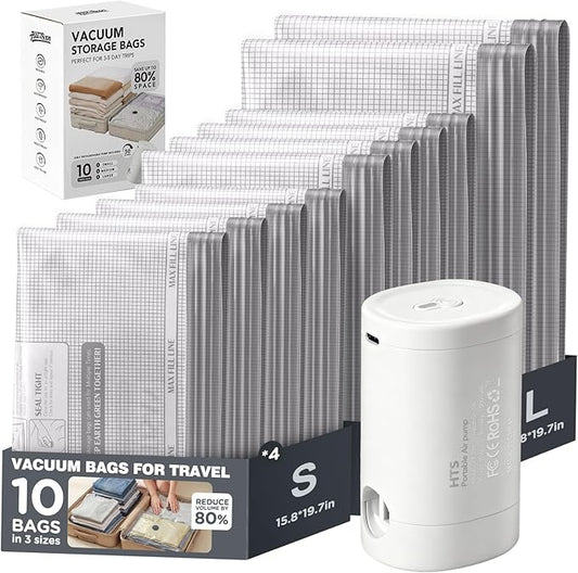 10pcs Vacuum Seal Bags for Clothing Travel with Rechargeable Electric Pump, Space Saver Vacuum Storage Bags for 3-5 Days Travel, Reusable Compression Bags for Luggage Home(10pcs Checkered)