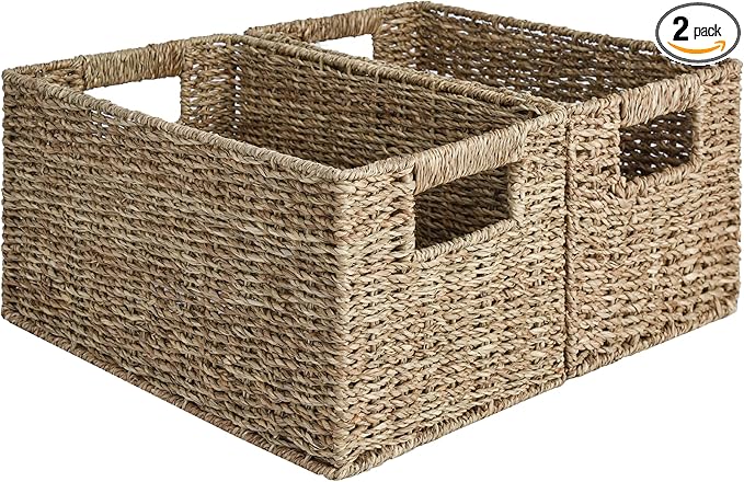 StorageWorks Wicker Storage Basket for Organizing, Medium Seagrass Storage Baskets with Built-in Handles for Pantry, Shelves,2-Pack