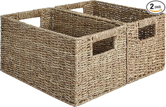 StorageWorks Wicker Storage Basket for Organizing, Medium Seagrass Storage Baskets with Built-in Handles for Pantry, Shelves,2-Pack